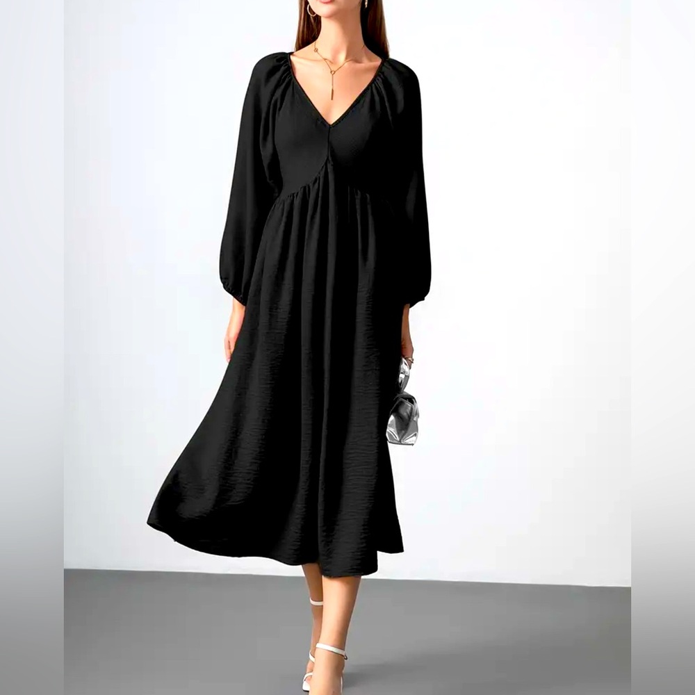Black V Neck Backless Long Sleeve Ruched High Waist Midi Dresses